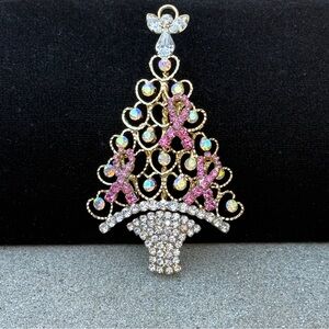 VTG Rhinestone Gold Christmas Tree Holiday Breast Cancer Awareness Brooch Pin